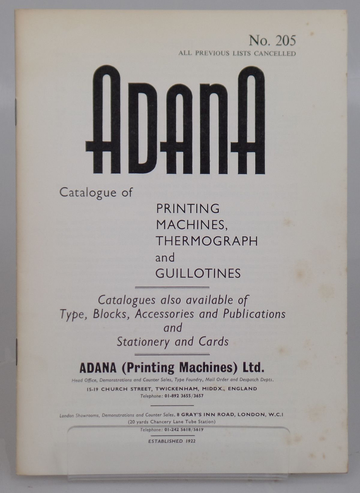 Image for Adana No. 205: Catalogue of Printing Machines, Thermograph and Guillotines